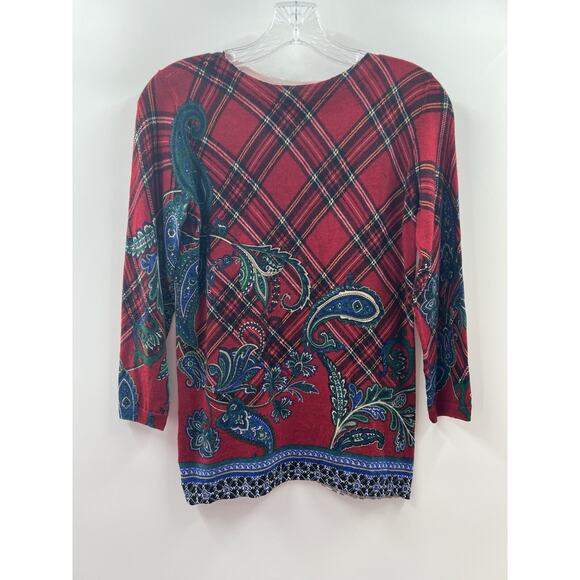 Talbots Women's 3/4 Sleeve Paisley Plaid 100% Merino Wool Sweater Size Small - Picture 1 of 10